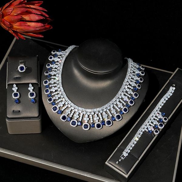 Luxus Rotes Quadrat Zirkonia Halskette Ring Ohrring Armband Hochzeit Frauen Brautschmuck Set Party Accessories242D