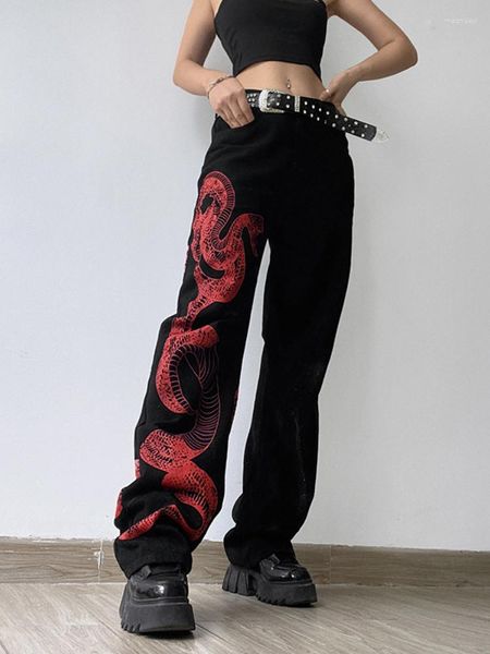 Kadınlar Kot Weiyao Kırmızı Yılan Baskı Denim Pantolon Y2K Baggy Vintage Sokak Giysesi Gotik Karanlık Kadın Düz Grünge Punk Stil Dipler