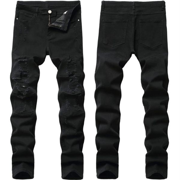 Calças de brim pretas calças masculinas moda streetwear buracos lavados calças jeans 2020 novos pés estiramento masculino em linha reta magro rasgado jeans300o