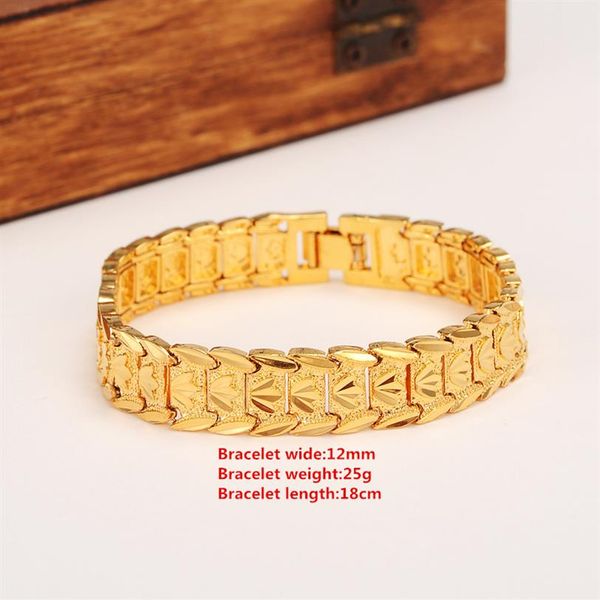 Clássicos eternos ampla id pulseira 14k real sólido amarelo ouro dubai pulseira feminina na moda mão pulseira corrente jóias262o