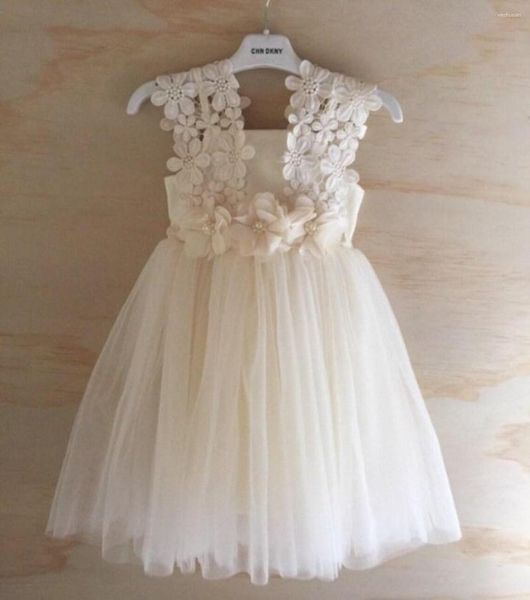 Vestidos da menina do vintage flor marfim para casamento rendas appliqued meninas vestidos de festa de aniversário fita chá comprimento crianças saias