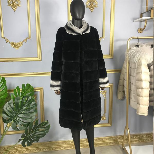 Casaco de pele feminino estilo longo genuíno jaqueta feminina inverno moda quente gola sobretudos grosso customizável