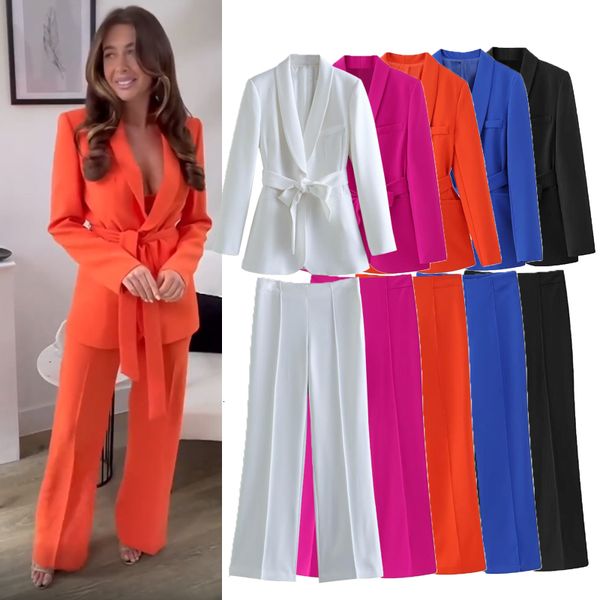 Calças de duas peças femininas traf conjunto 2023 primavera moda magro cinto feminino terno chique cintura alta perna larga blazers conjuntos festa feriado 2 peça 230915