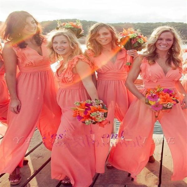 2022 Neue Ankunft Chiffon Korallen Brautjungfer Kleid Lange Overalls V-ausschnitt Plus Größe Strand Hochzeit Gast Party prom Dresses1894