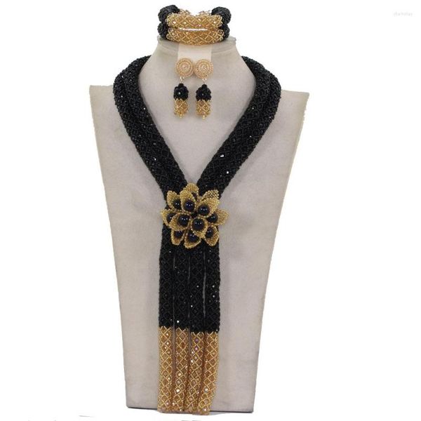 Collana orecchini set esclusivi gioielli lunghi in oro nero con perline africane da sposa 2023 dichiarazione di fiori da sposa WE093