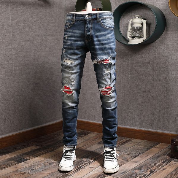 Designer roxo empilhado jeans jeans para homens mens preto fino ajuste jeans clássico impresso bordadoold motocicleta buraco calças jeans de luxo moda masculina street wear xxl