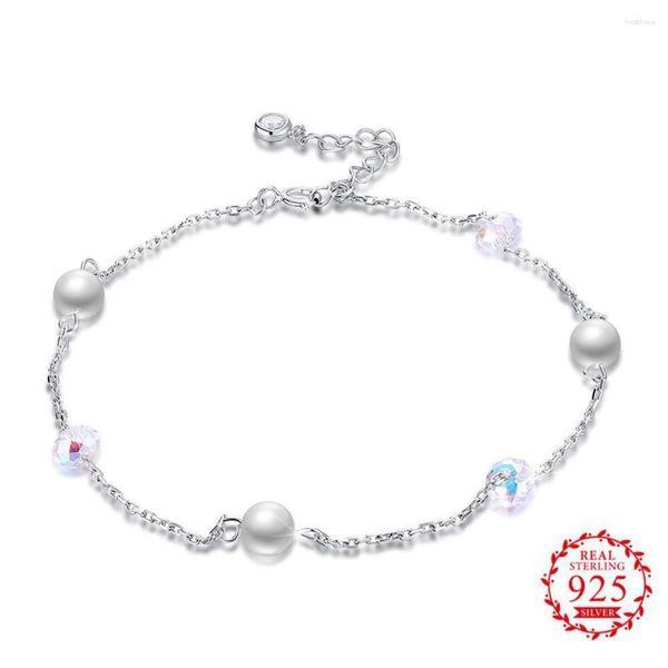 Fußkettchen Ankunft Echter 925er Sterlingsilber-Knöchelschmuck mit feiner Perle und klarer Kristalldekoration für Frauen und Mädchen