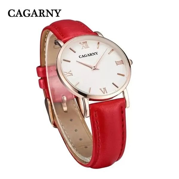 CAGARNY Relógio feminino designer de moda casual relógios de quartzo pulseira de couro Gold210D