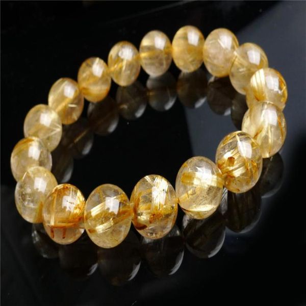 13mm brasil genuíno natural ouro amarelo cabelo rutilado pedra de quartzo redondo cristal grânulo pulseira cpam frisado fios251s
