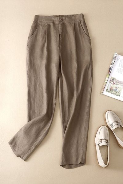 Calças femininas simples harem pant moda verão casual solto cintura elástica linho respirável confortável sólido cáqui calças cortadas 230914