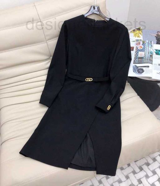 Vestidos casuais básicos designer outono inverno novo vestido de comprimento médio de cor sólida com cintura alta elegante estilo de deslocamento, mangas compridas, vestido fino, cinto grátis qn95