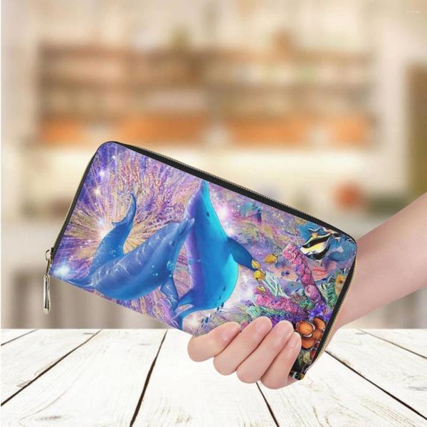 Кошельки Art Dolphin Animal Pattern Print Wallet для женщин Кожаный роскошный повседневный кошелек для покупок Сумка для денег Бизнес-держатель кошелек