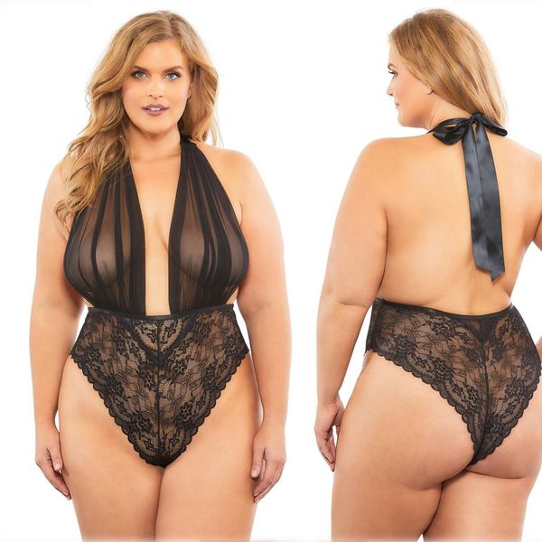 Tute da donna Pagliaccetti AVV Halter Mesh Body trasparente Donna Night Club Sexy Scava fuori la tuta di pizzo Pagliaccetto Body Feminino Tuta Bianco Nero 230914