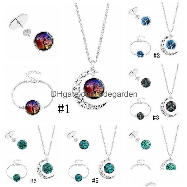 Pulseira Brincos Colar Árvore da Vida Lua Stud para Mulheres Vidro Cabochão Planta Pingente Charme Mens Moda Jóias Set em BK Drop Del Dhwg0