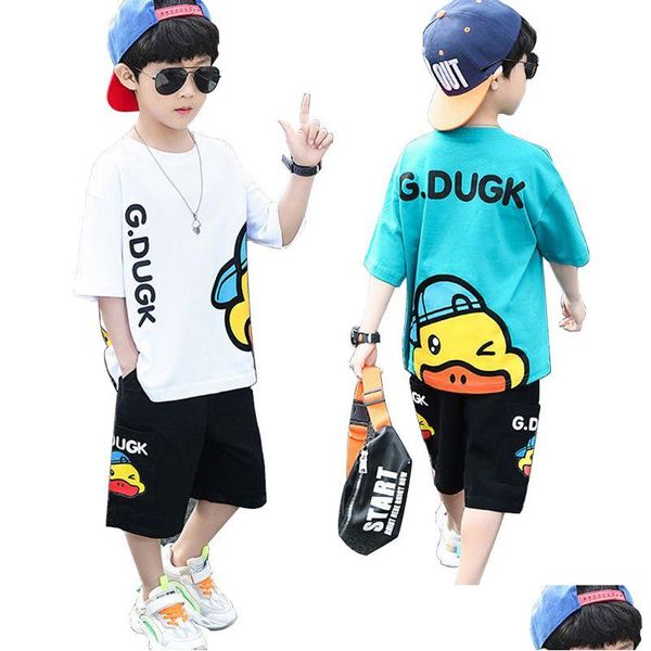 Комплекты одежды Новые футболки для мальчиков Летняя детская дизайнерская одежда Корейская версия Спортивные шорты Комплект спортивного костюма для детей среднего и пожилого возраста Tw Dhfu7