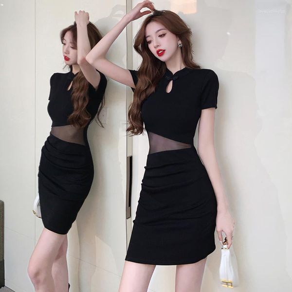 Abbigliamento etnico Donna Abito da sera in maglia nera Stile cinese Cheongsam Moda Discoteca coreana Aderente Qipao Mini abiti Abiti vintage