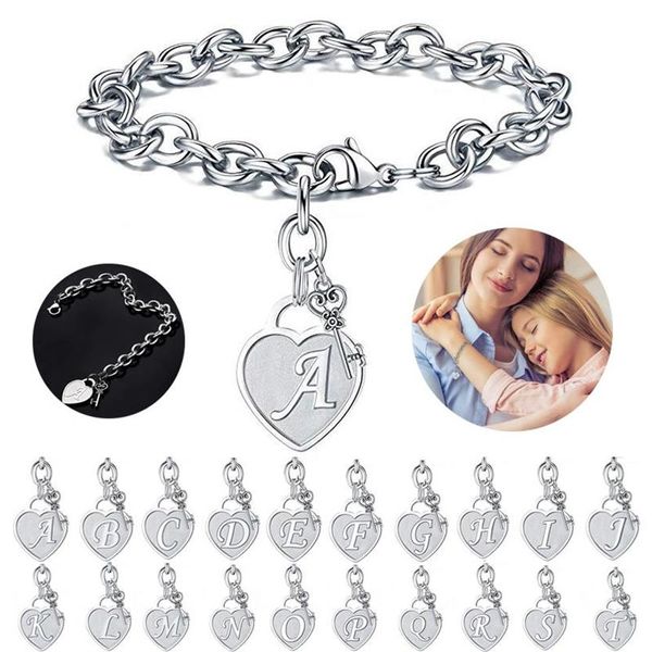 26 letras pulseiras A-Z charme pulseiras iniciais para mulheres criança moda coração pingente pulseira de aço inoxidável jóias pulseras248e