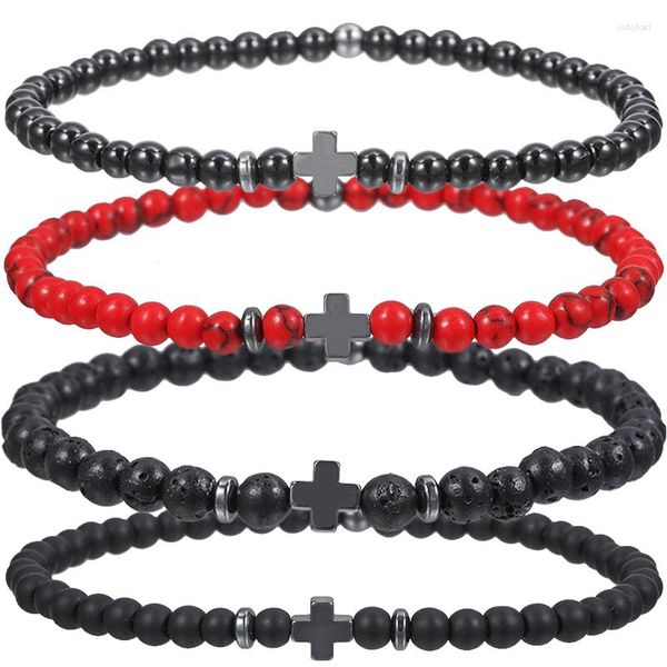 Bracciale con ciondolo in pietra naturale con croce nera opaca fatta a mano da uomo e donna, catena di preghiera fitness, coppia di gioielli