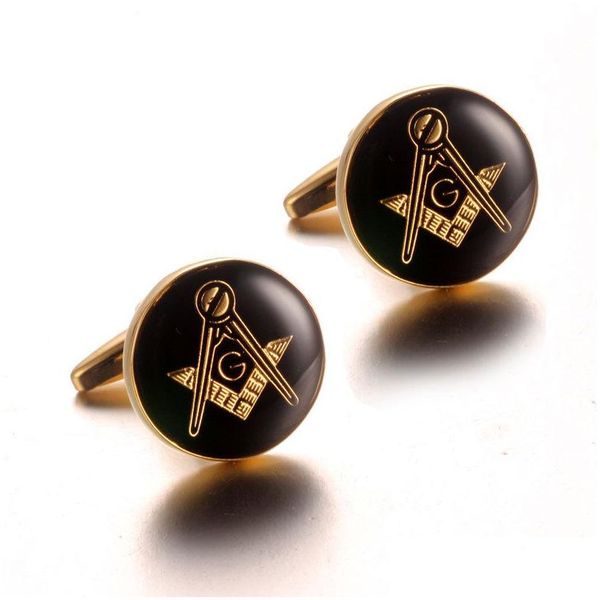 Abotoaduras Forma Redonda Alta Polido Brilhante Latão Mens Sier Gold Camisa Masonic Mason Cufflink com Esmalte Preto Entrega Jóias Dhmcw