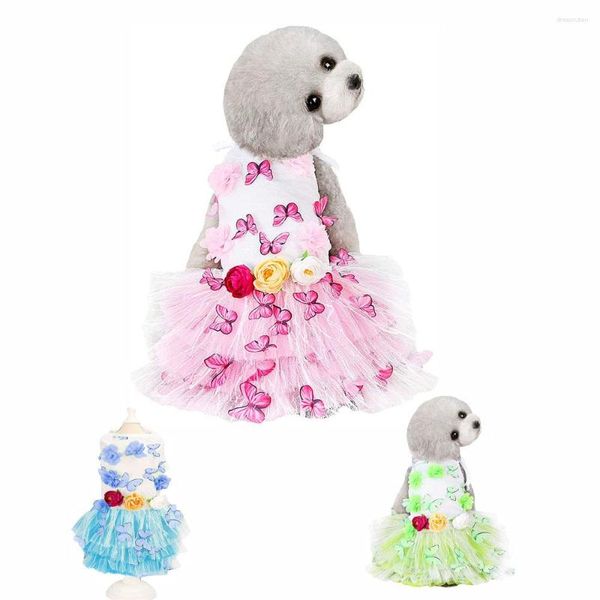 Cão vestuário borboleta vestido doce simulação flor gato pequeno roupas rendas 3d saia princesa traje ajustável pet tutu