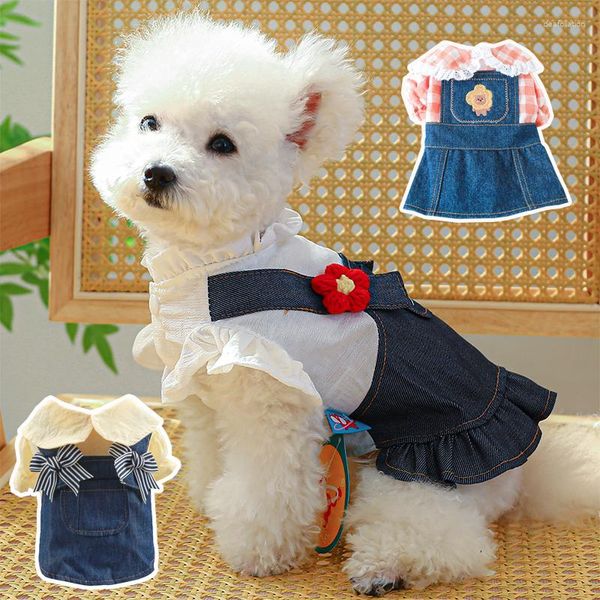 Abbigliamento per cani Abbigliamento per cani Abito da principessa per gatti Ricamo per orsi per animali Gonna di jeans in denim Estate carina forniture dolci