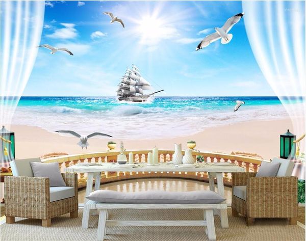 Wallpapers Benutzerdefinierte Wandbild 3D Wallpaper Balkon Meer Segeln PO Wandpapier Raumdekor Malerei Wandbilder für Wände 3 D