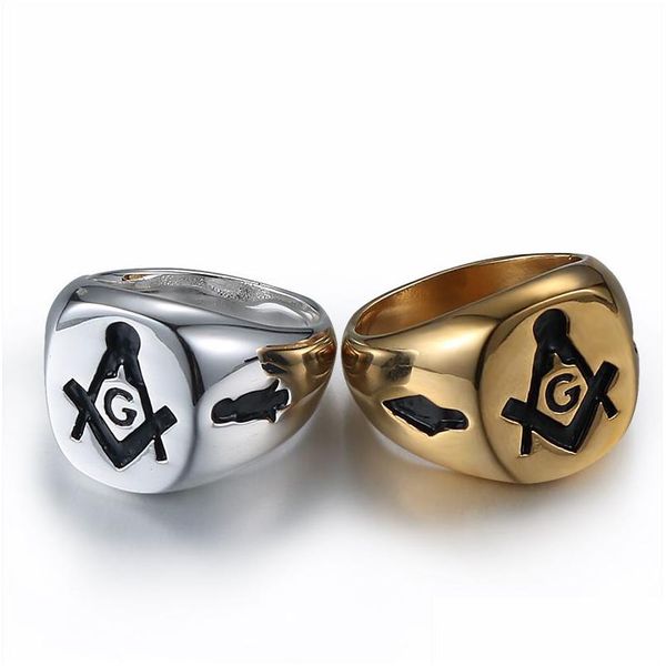Anéis de cluster 18k chapeamento de ouro anel de design exclusivo 316 aço inoxidável mens mason jóias itens maçônicos regalia com pedra vermelha e gota d dhhzt