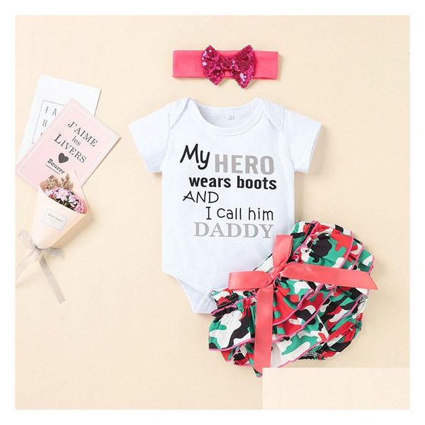 2021 Sommer Kinder Kinder Sets Kleidung Mädchen Baby Mode Druck Bogen Kurzarm Camouflage Dreieck Rock Anzug Drop Lieferung Dh6Ei