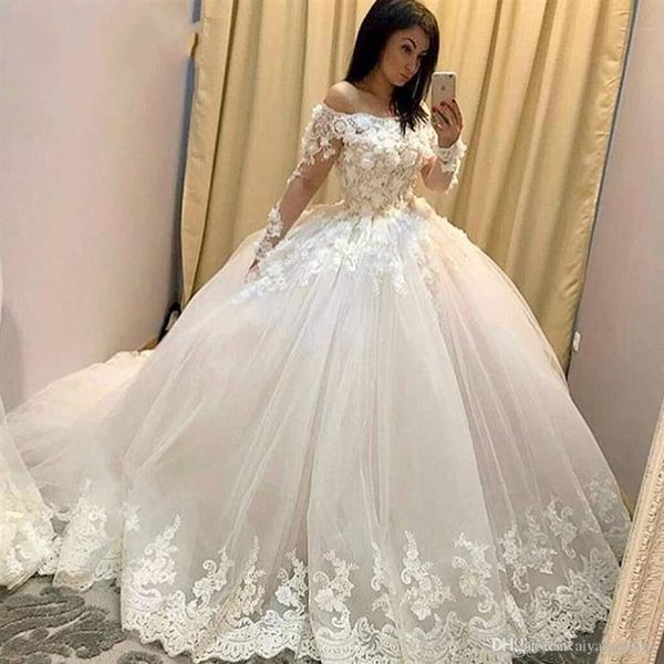 2020 vestido de baile vestidos de casamento ilusão manga longa rendas apliques feitos à mão flores 3d até o chão vestidos de noiva vestido árabe197j