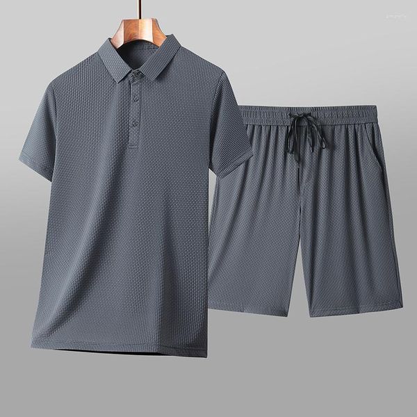 Herren-Trainingsanzüge (T-Shirt-Shorts) Sommer-Set aus Eisseide/Lose atmungsaktive Kurzarm-Poloshirts für Herren/Hohle 2-teilige Kleidung für Herren M-3XL