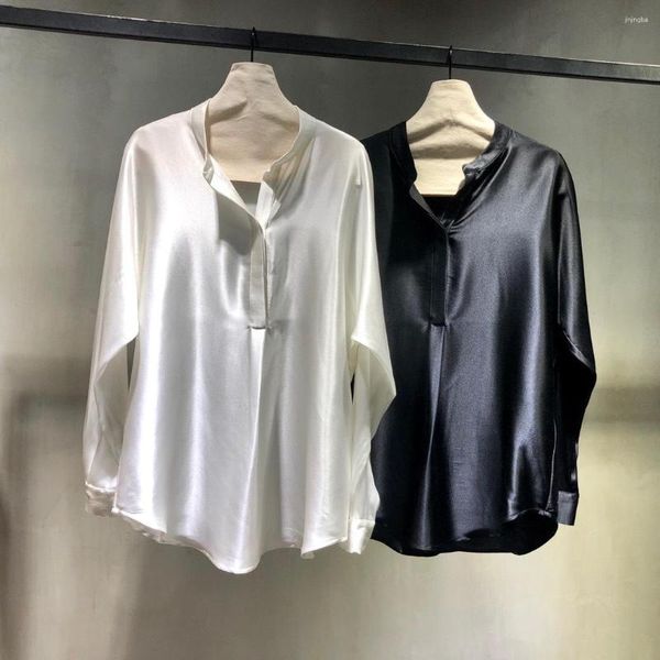 Damenblusen, hochwertige Damen-Blusen aus echter Seide, Stehkragen, Langarm-Pullover, lockere Bluse, elegante Dame, All-Match-Büro-Arbeits-Top-Shirts