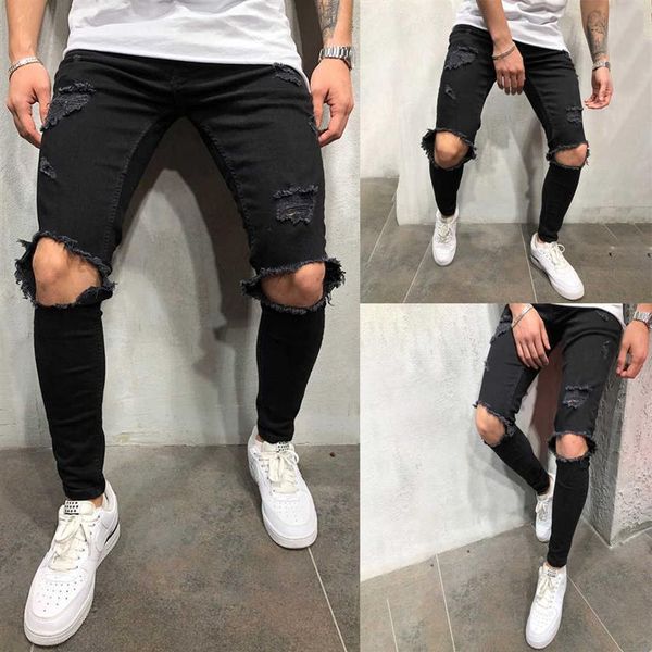 Alta streetwear masculino joelho com buracos decoração jeans preto com zíper fino ajuste elasticidade magro rasgado calças para a frente jeans291n