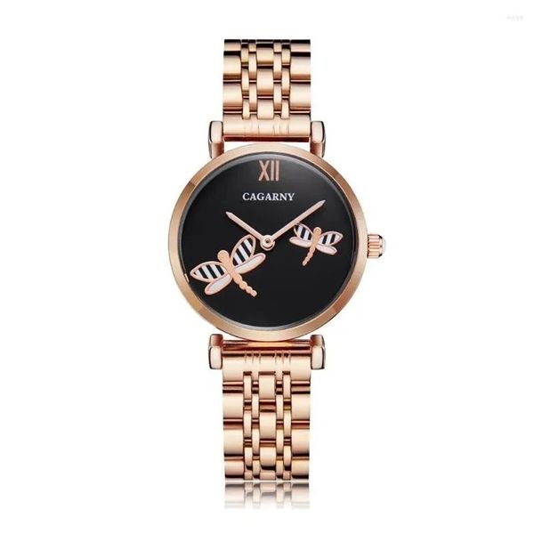Cagarny relógios de pulso brilhantes diamantes femininos relógios de quartzo rosa ouro pulseira de aço senhoras dress226h