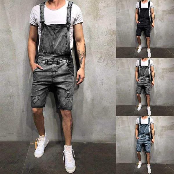 Oversize homens jeans rasgados macacões calças curtas verão estilo rua angustiado denim babador macacão suspender calças curtas302d