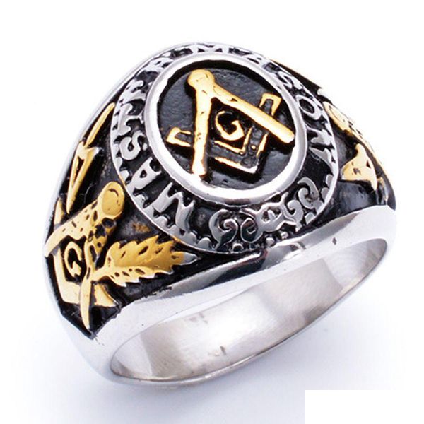 Anel solitário de aço inoxidável masculino ouro sier preto dois tons anéis maçônicos jóias mason signet entrega direta dhkfc