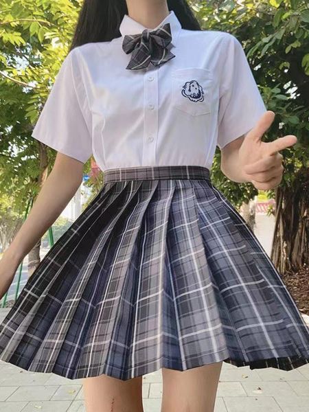 Saias Espelho Loja Primavera e Outono JK Uniforme Saia Conjunto Camisa Xadrez Completa Longa Manga Curta Plissada Coleção Japonesa