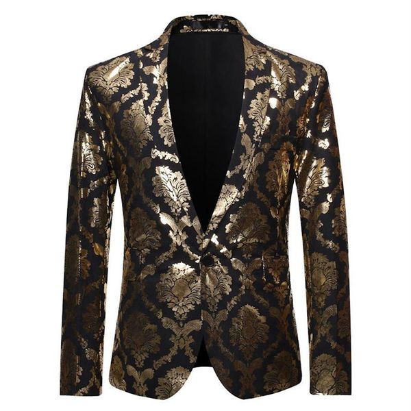 Abiti da uomo Blazer Uomo Oro Stampa floreale Foil Suit Giacca sportiva Giacca da uomo Slim Fit One Button Nightclub Tuxedo Party Stage Sin3574