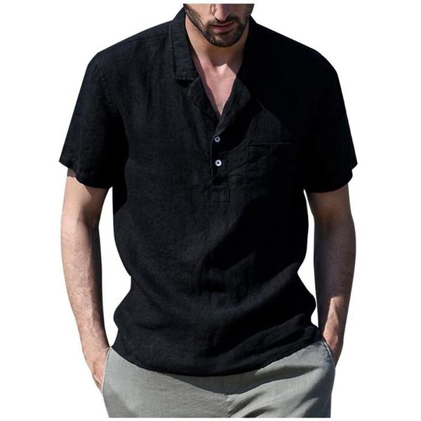 Camicia casual estiva da uomo Camicie da uomo a maniche corte in lino color puro vintage Camicie eleganti da uomo traspiranti Camisa Masculina Blo3184