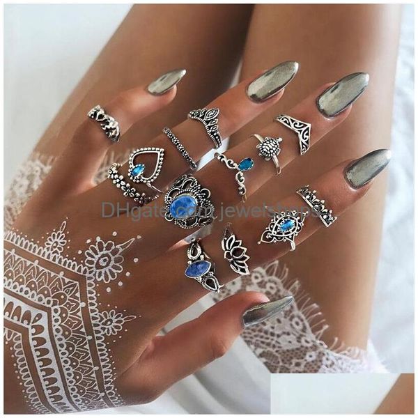 Cluster Anelli Moda Carve Antico Sier Midi Set per le donne Tartaruga Corona Cuore Loto Knuckle Finger Donna Boemia Gioielli Regalo Goccia Dhc3R