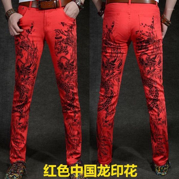 Jeans masculinos impressão de tinta estilo coreano na moda calças casuais magro ajuste pés personalidade 3d dragão padrão vermelho calças279c