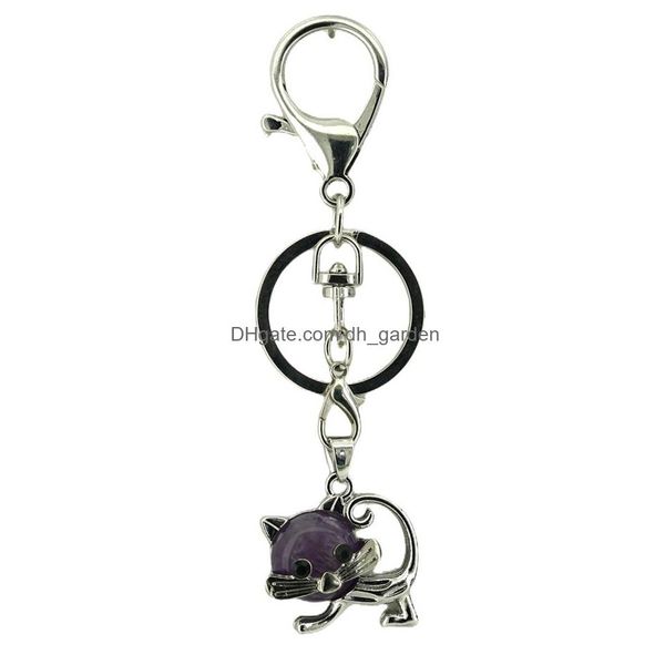 Schlüsselanhänger Großhandel Natürlicher Amethyst Edelstein Schlüsselanhänger Kupfer Mode Schildkröte Drache Charms Ring für Frauen Männer Geschenk Drop Deliv Dhgarden Dhjfg