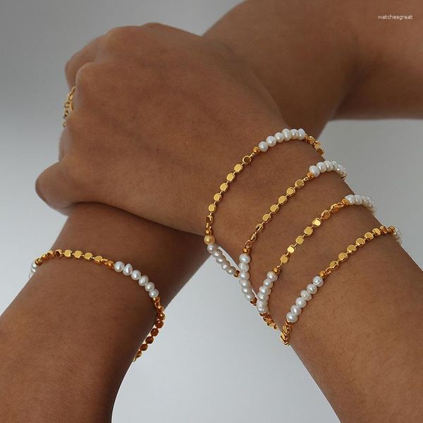 Strand Donna Perle di metallo placcato oro 14K Bracciale a catena con perle d'acqua dolce Design a sfera irregolare 15-5 cm Gioielli da festa nuziale