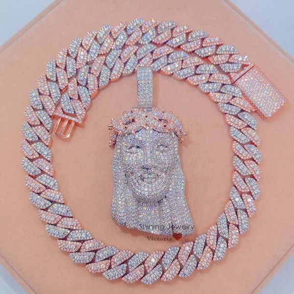 Ciondolo Gesù Vvs con catena cubana con diamanti moissanite hip-hop ghiacciato in argento sterling bicolore in oro rosa