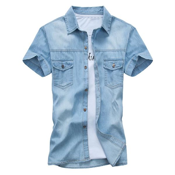 Marca de verão denim camisa masculina algodão manga curta turn-down colarinho camisas masculinas casual fino ajuste jeans camisas masculinas chemise homm274r