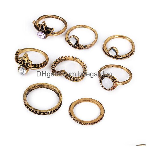 Bandringe 8 teile / satz Vintage Midi Crown Weißer Edelstein Bronze Messing Knuckle Ring Ethnische Geschnitzte Boho Finger Für Männer Frauen Mode Drop Delive Dh2C6