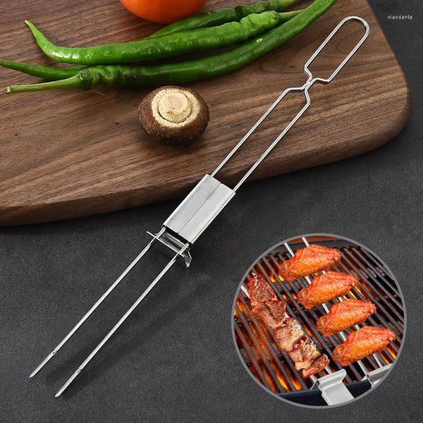 Werkzeuge 1PC Halbautomatische Edelstahl Grill Gabel Wiederverwendbare Grill Spieße Sticks Tragbare Outdoor BBQ Werkzeug Camping Zubehör