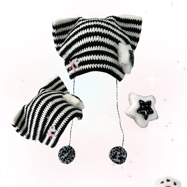 Beanie / Skull Caps Listrado Y2K Beanie Cat Ear Mulheres Contraste Cute Devil Horns Chapéu Meninas Handmade Crochet Inverno Quente Ski Cap Halloween Bonnet 230915