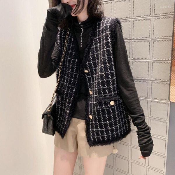 Gilet da donna Plaid Donna Tweed Nero Scollo a V con frange Gilet bianco Giacche Donna Primavera Autunno Tasche stile coreano Abbigliamento vintage