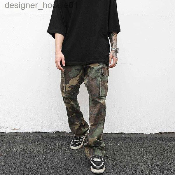 Calças masculinas calças masculinas streetwear homens hip hop camuflagem flare moda camo carga masculino fino ajuste calças femininas all-matchmen's l230915