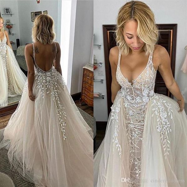 2020 Sexy Country Berta Appliqued V-Neck Backless Vestidos de casamento com trem destacável vestido de noiva sem costas vestidos de noiva vestid293P